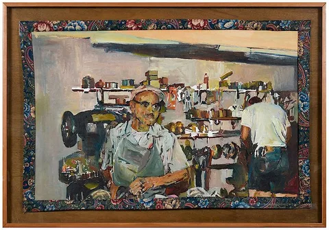 Beverly McIver, Mr. Wither's Shoe Shop, 1992, oil on canvas with cotton border
