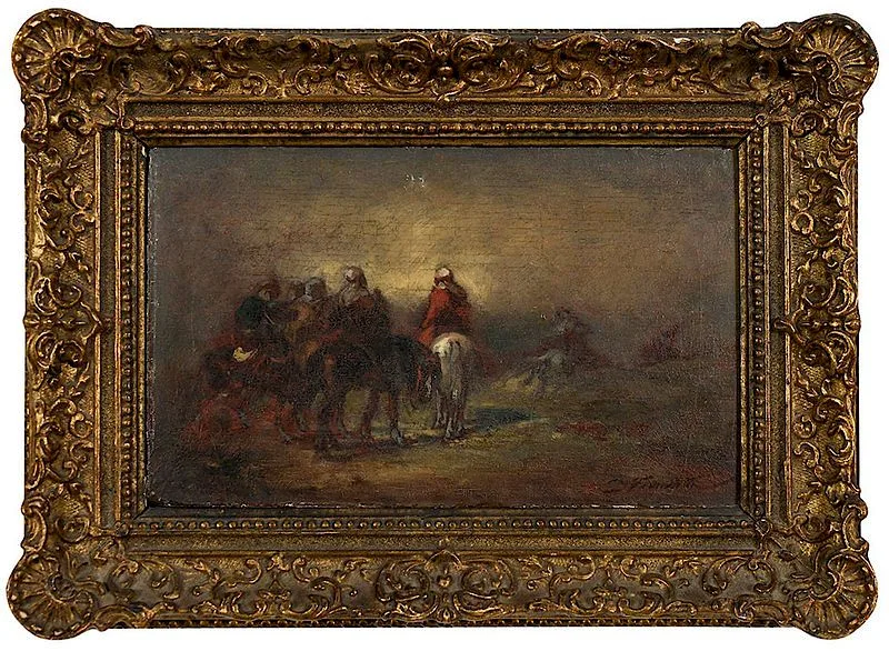 Arabs on Horseback by Eugène Fromentin, oil on paper or print laid on panel, sold Dec 2018