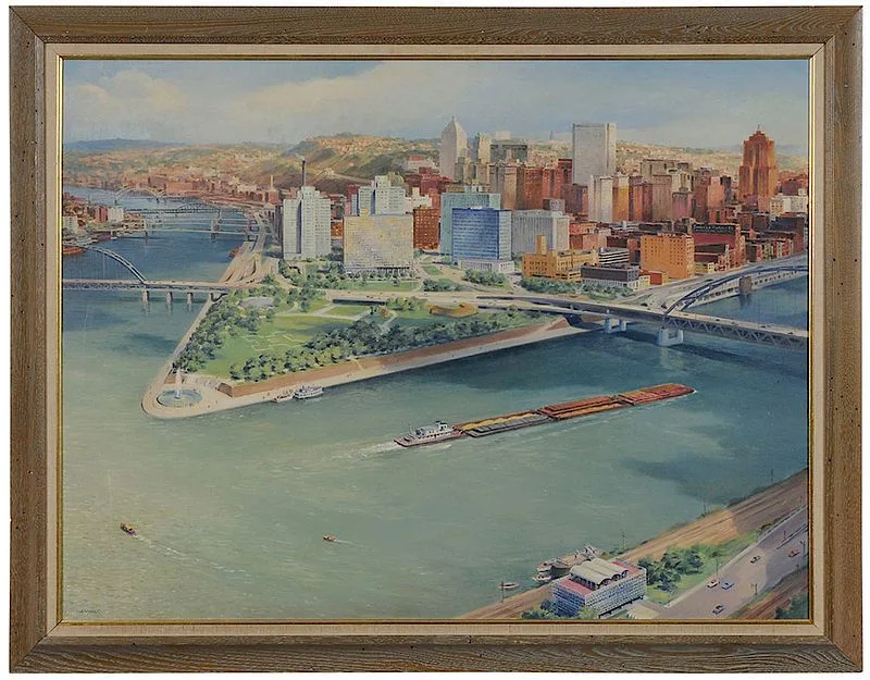 John Carter Shyrock, Point State Park-Downtown Pittsburgh Skyline, oil on canvas