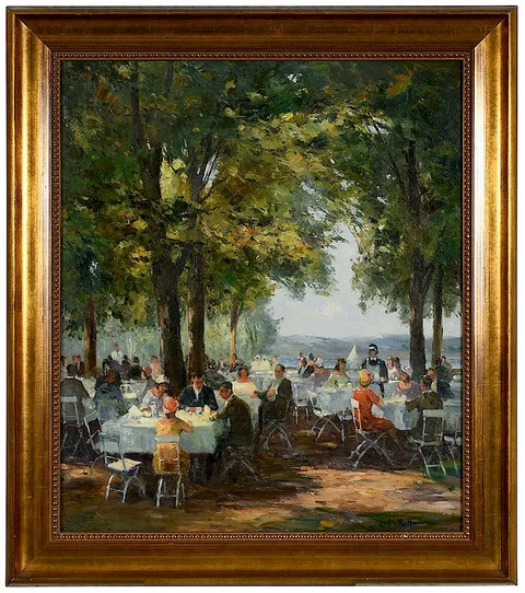 Cafe Under the Trees by Jules Rene Herve, oil on canvas, sold Nov 2018