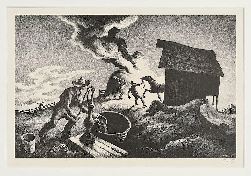 Fire in the Barnyard by Thomas Hart Benton, circa 1944, lithograph on cream paper, sold Nov 2018