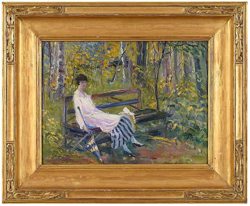 Frederick W. Hutchins, Woman on Park Bench, oil on canvas