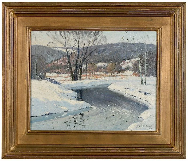 Arthur J.E. Powell, Winter on the Ten Mile River, Dutchess County, NY, oil on Masonite