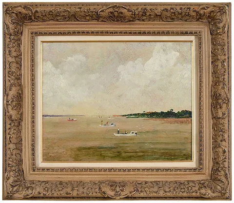 Wilfred J. Huettel, Oystermen on Hogtown Bayou, oil on foamcore
