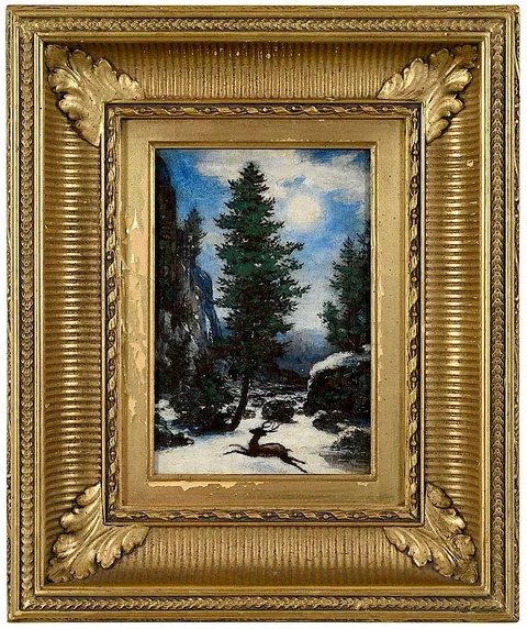 Ralph Albert Blakelock, Leaping Stag in Winter, oil on board
