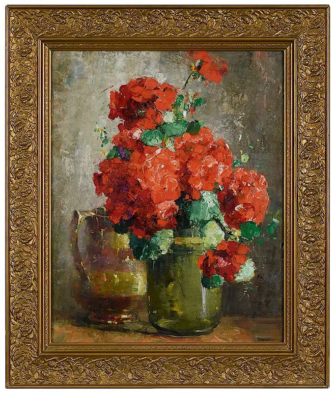Still Life with Geraniums by Anna Fisher, oil on canvas, sold Nov 2018