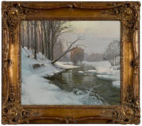 Joseph Tomanek, Wintry River Landscape, oil on canvas