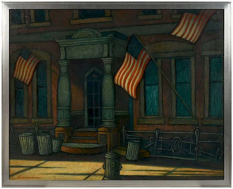 Larry Edwardson, Flag Day - West 18th St., New York City, 1963, oil on Masonite