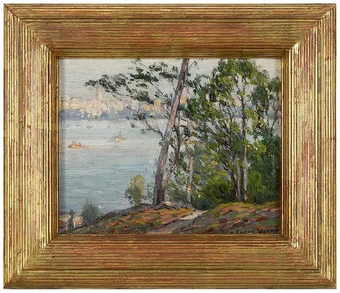 Gustave Wiegand, NY from the Palisades, oil on board