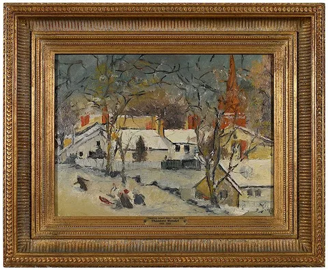 Theodore Wendel, Sledding, partially obscured signature lower right, oil on board