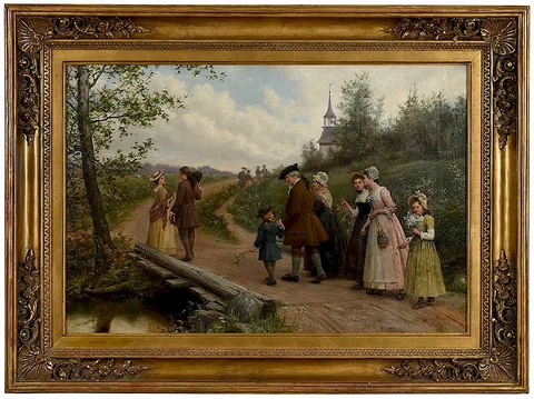 Jennie Brownscombe, Sunday Morning In Sleepy Hollow, oil on canvas
