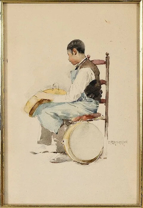 Edward Percy Moran, Black Boy Polishing Brass, watercolor on paper