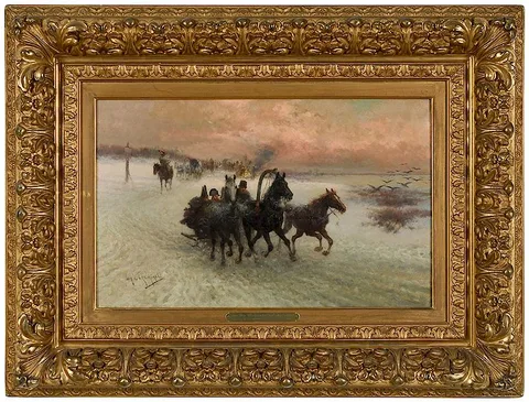 Jan Chełmiński, Napoleon Returning from Russia in a Troika, circa 1890, oil on canvas