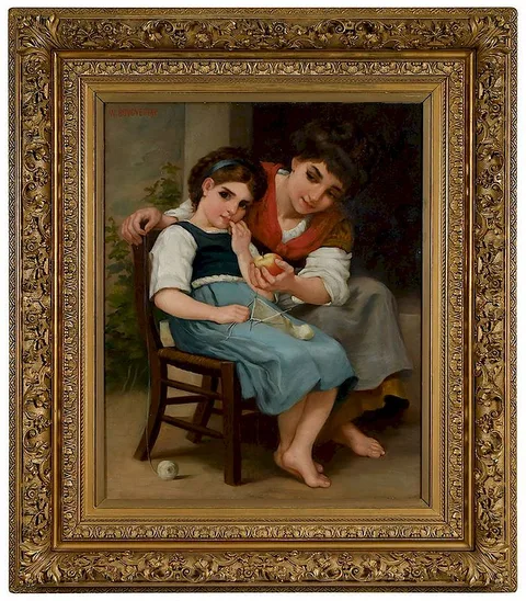 William Bouguereau, Two Young Girls with Apple and Sewing Yarn, oil on canvas