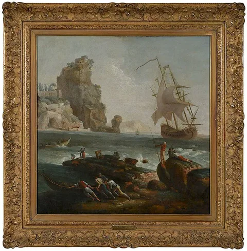 Joseph Vernet, Fishermen in a Rocky Harbor, oil on canvas