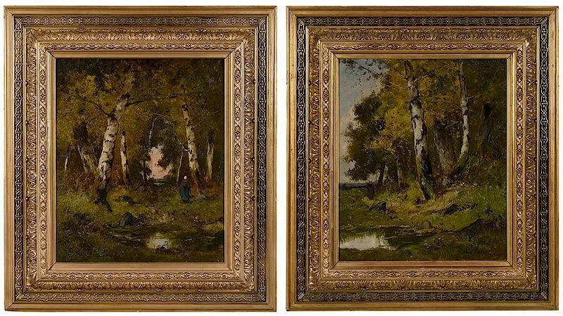 Etienne Maxime Vallée, A Pair of Landscapes: Wood Gatherer, Figure at Water's Edge, both signed "E Vallée, oil on canvas