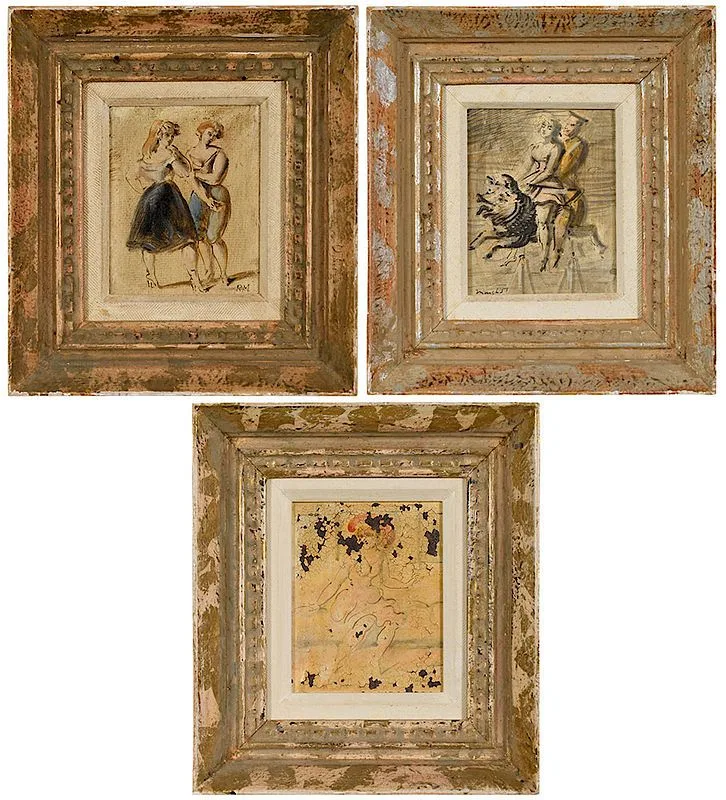 Three Figural Sketches by Reginald Marsh, oil on Masonite grime, sold Nov 2018