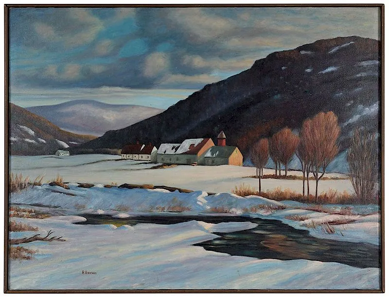 R. Hanson, Farm in Winter, oil on canvas
