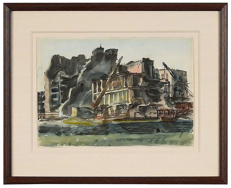 Two Cranes Wrecking a Building by Reginald Marsh, watercolor on paper, sold Nov 2018
