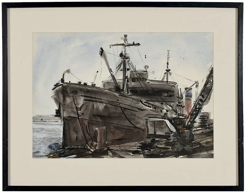 Freighter at Dockside by Reginald Marsh, watercolor on paper, sold Nov 2018