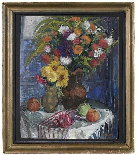 Vilmos Perlrott-Csaba, Flowers and Fruit on a Table, signed lower right "Perlrott Csaba" gouache on paper