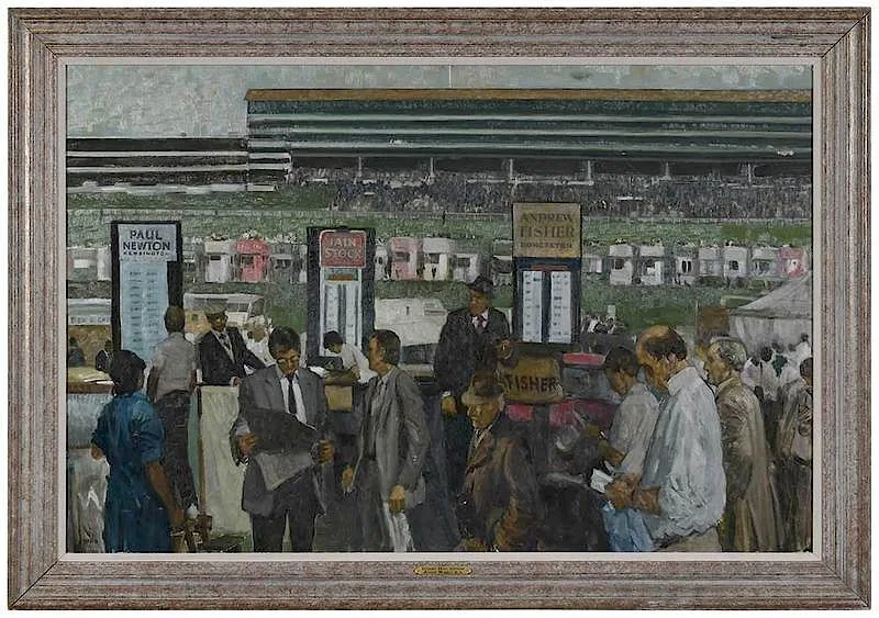 Derby Day, Epsom by John Stanton Ward, oil on plywood panel, sold Sep 2018