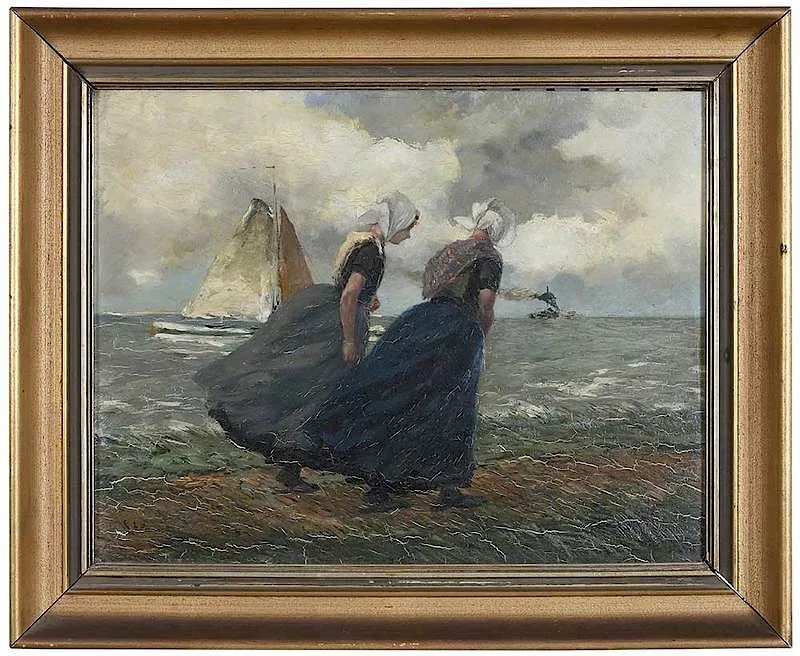 Gustave Flasschoen, Two Girls Strolling on a Windy Beach, oil on panel