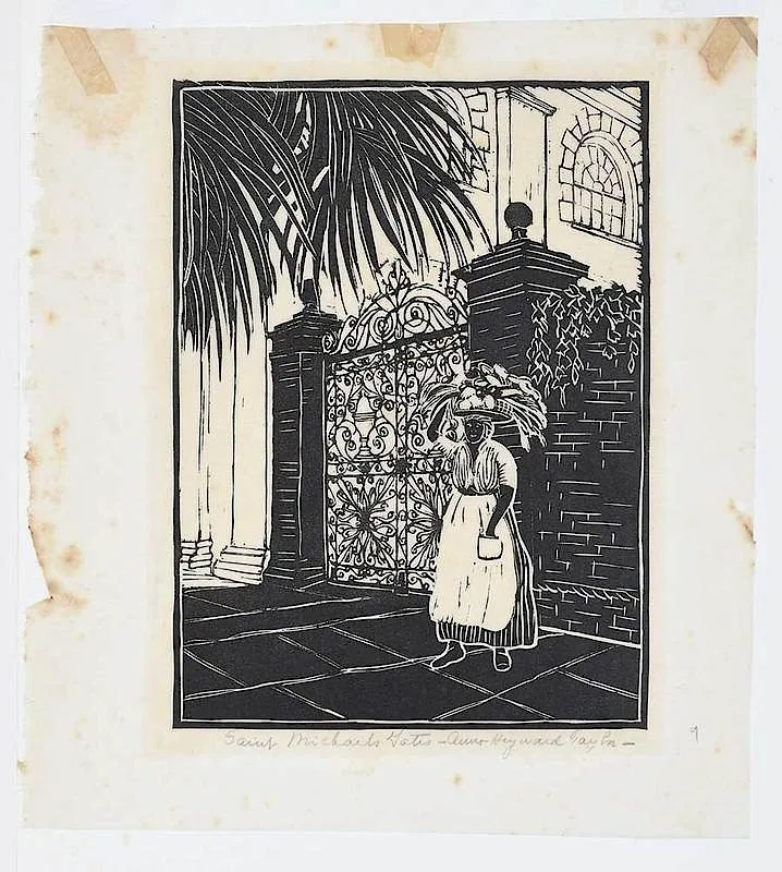 St. Michael's Gate by Anna Heyward Taylor, wood block on paper, sold Sep 2018