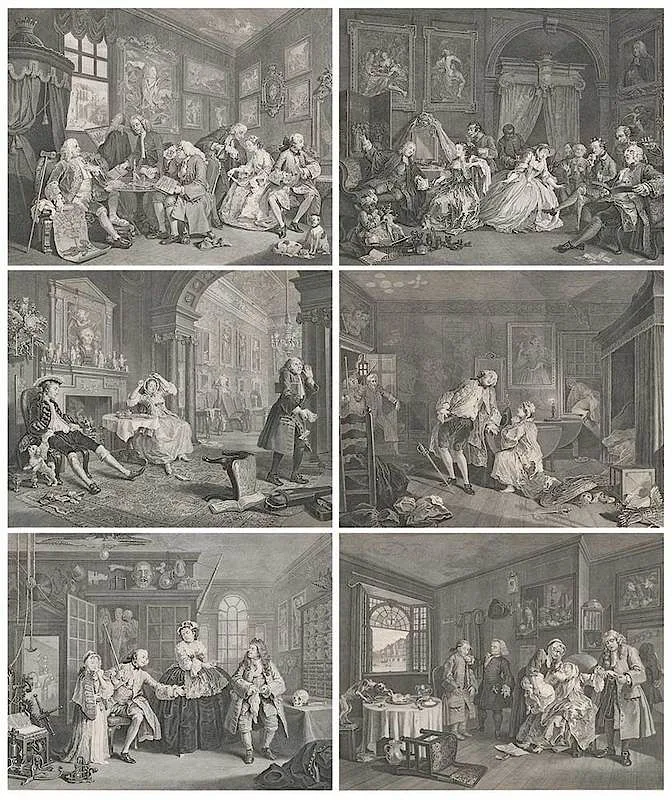 William Hogarth, Marriage à la mode, Plates I-VI, 1745, engraving on heavy laid paper