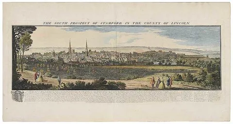 Samuel & Nathaniel Buck, The South Prospect of Stamford, In The County of Lincoln County, 1743, hand-colored engraving on two sheets of laid paper