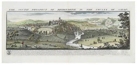 Samuel & Nathaniel Buck, The South Prospect of Bridgnorth, In The County Of Salop, 1732, hand-colored engraving on two sheets of laid paper