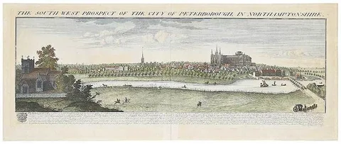 Samuel & Nathaniel Buck, The South West Prospect Of The City Of Peterborough, In Northamptonshire, 1731, hand-colored engraving on two sheets of laid paper