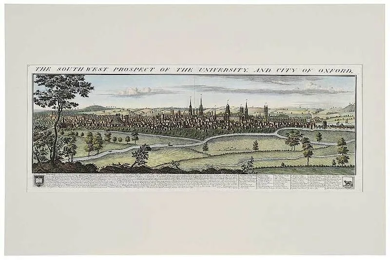 Samuel & Nathaniel Buck, The South West Prospect Of The University And City Of Oxford, 1731, hand-colored engraving on two sheets of laid paper
