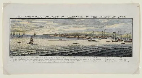 Samuel & Nathaniel Buck, The North-West Prospect of Sheerness, In The County Of Kent, 1739, hand-colored engraving on two sheets of laid paper