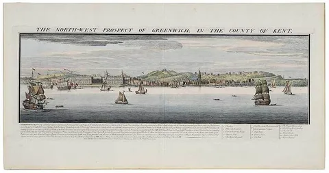 Samuel & Nathaniel Buck, The North-West Prospect of Greenwich, In The County Of Kent, 1739, hand-colored engraving on two sheets of laid paper