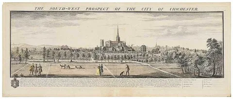Samuel & Nathaniel Buck, The South-West Prospect Of The City Of Chichester, 1738, hand-colored engraving on two sheets of laid paper