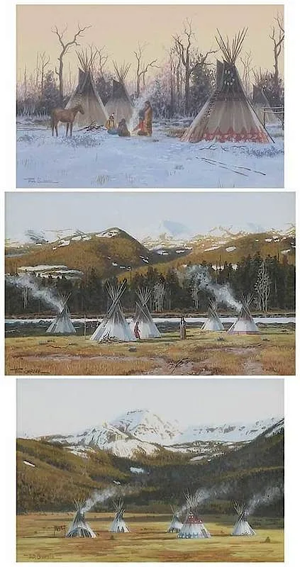 Paul Surber, Three Winter Encampments:  Blackfoot Winter Camp, gouache on paper