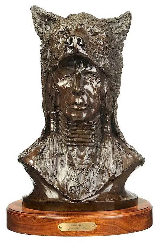 Brave Wolf by James Gruzalski, patinated bronze with wood base, sold Sep 2018