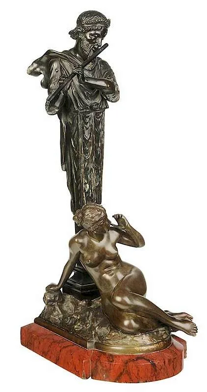 Ferdinand Lepcke, Herm with Nymph, patinated bronze on red marble base