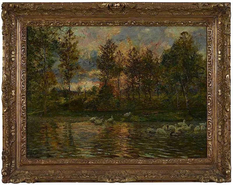Angelo Garino, Sunrise on a Pond with Geese, oil on canvas