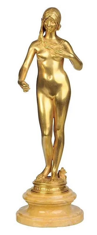 Antonin Carlès, La Jeunesse, gilt bronze with yellow marble socle