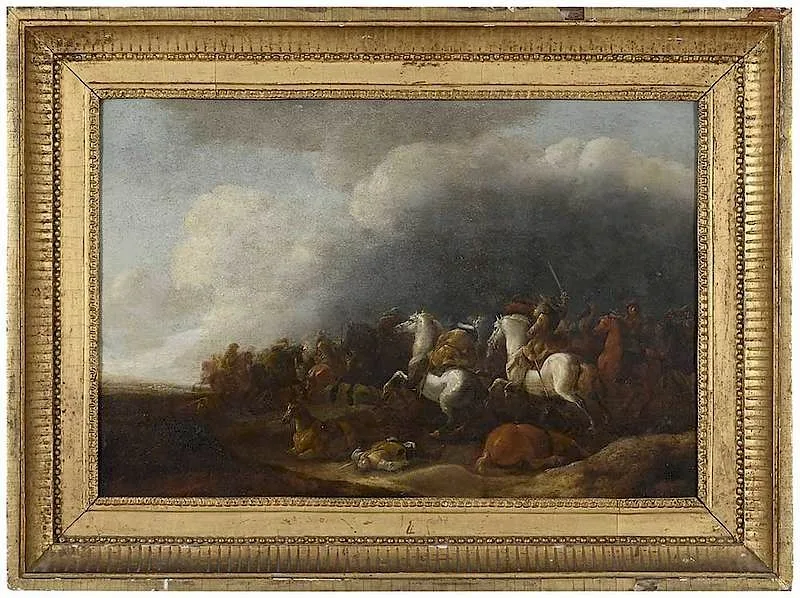 Battle Scene by Philips Wouwerman, oil on oak panel, sold Sep 2018