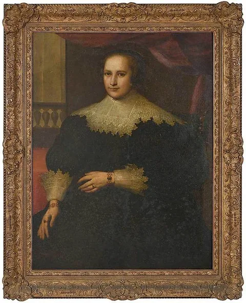 Cornelis de Vos, Portrait of a Smiling Lady in Black Gown, seated near an opening, oil on canvas