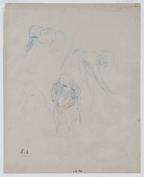 Berthe Morisot, Sketches of Gleaners, blue and yellow colored pencil on buff paper