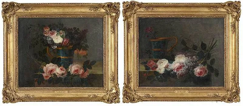 Le Riche, A pair: Floral Still Lifes with Teal Tankards, oil on canvas