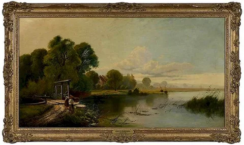 Edwin Henry Boddington, Fishing by a River, oil on canvas