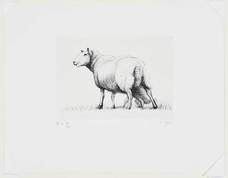 Sheep with Lamb II by Henry Moore, 1972, etching on cream wove paper with Moore watermark, sold Sep 2018