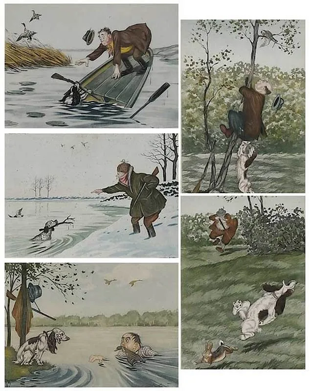 Boris O'Klein, Five Satirical Bird Shooting scenes, each signed "O'Klein, color etching and aquatints on cream paper