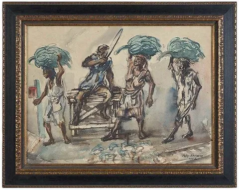 Philip Reisman, Banana Vendors, 1958, watercolor laid down on fiber board