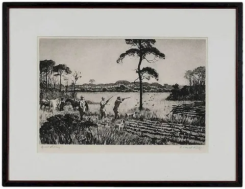 Aiden Lassell Ripley, Quail Shooting, dry point etching on cream paper